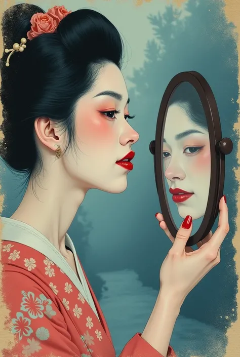 Watercolor、Old paper texture、Damaged Paper、Old style、Faded color、Thick Fog、composition、Golden Ratio、Functional、grace、detail、background、Soft colors、Blurred Lines、blue、Summer evening、Close-up of face、Courtesan of Edo、The moment immediately after a prostitute...