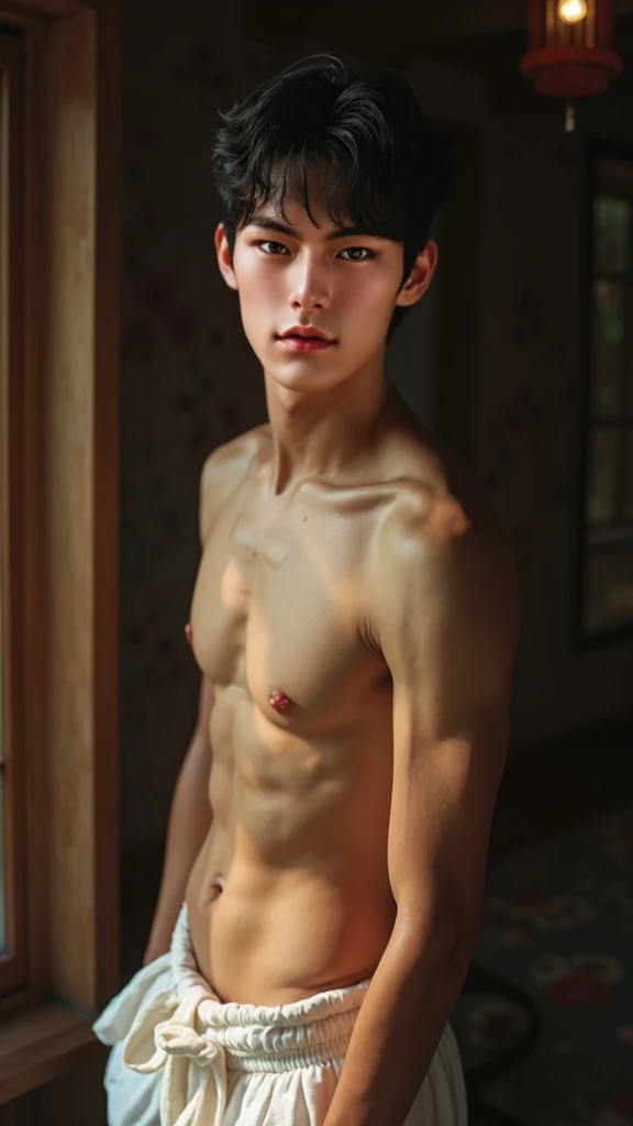 realistic portrait of a young japanese man, shirtless, hairyman , a bit smile. wearing white yutaka  pants, white pale skin, short curly hair, detailed facial features, piercing eyes, chiseled physique, dramatic lighting, cinematic composition, cozy mood a...