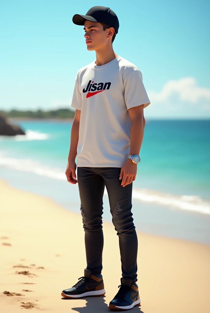 A realistic adult boy standing on the beach wearing black air jordans black jeans white t shirt, a cap, rolex watch and Jisan is wearing on his t shirt, sunshine