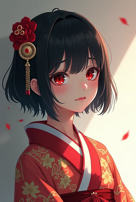 A young girl, traditional Japanese wedding dress, Short Hair, Black Hair, Red Eyes, Jewelry, Serious, Red Lips, Anime, sad