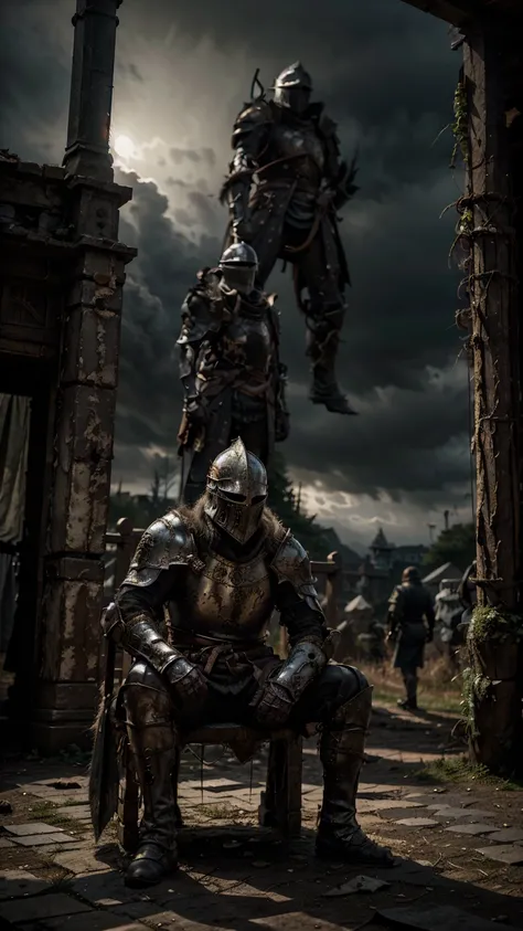 "Artorias from Dark Souls sits on a weathered tree stump in a bleak, medieval landscape. His armor is worn and battle-scarred, catching the faint light filtering through a stormy, overcast sky. He methodically sharpens his ancient sword, the sound of metal...