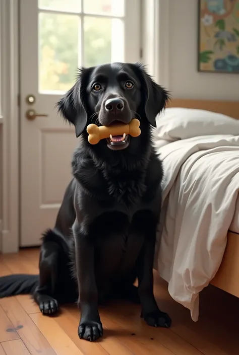 I want him with a rubber bone in his mouth , he is sitting near my bed . Ele é um golden retriever preto. My room has a white door and a wooden floor and white walls.. Make this more realistic in the world