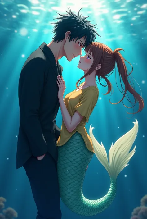 Anime boy ((( Spiky hair , black hair , black outfit , red eyes , narrowed eye , handsome , mermaid , black tail  ))) , anime girl , purple eyes , brown hair , tied single bun hair style , yellow outfit , mermaid , yellow tail ))) , matured , good quality ...