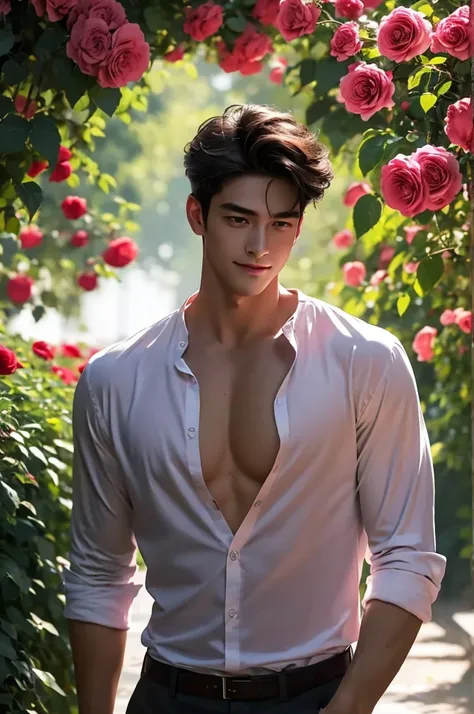 uhd, a tall, lean, handsome man with muscular build stands in a blooming rose garden at dusk, the soft glow of lanterns illumina...