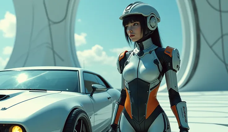 A woman wearing a helmet and uniform standing next to a car, motoko kusanagi, As a retro-future heroine, As a retro-future heroine, Cool Cyborg movie stills, Aeon Flux-esque, A woman in futuristic clothing, Park Shin Hye plays a super villain, Japanese Cyb...