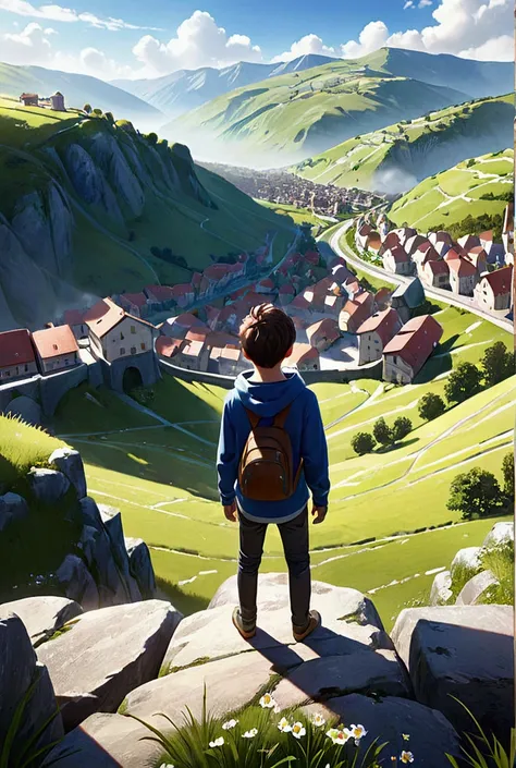 (Highly detailed CG Unity 8k wallpaper), A boy looking down from the valley at the town below、Realistic、Daytime、High detail, Ultra high definition, Best Quality, Rear view, 8K Octane, 