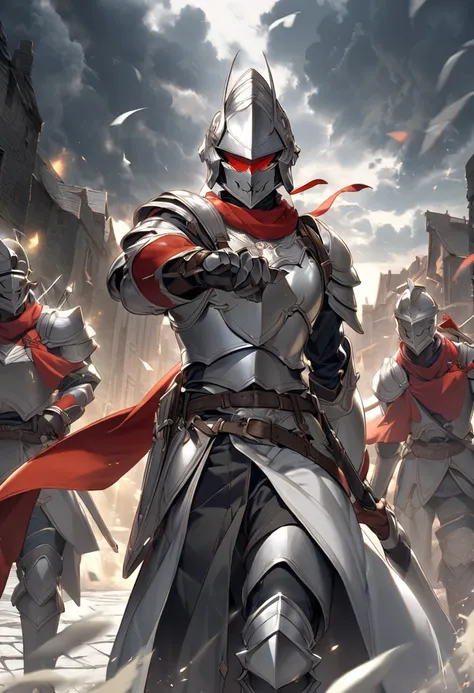 A warrior in silver armor、A large silver helmet『like』Carefully read the letters、Riding against the wind。Red helmet『like』The letters stand out、In the background spreads」Wilderness and ominous clouds。The general marches forward bravely、Soldiers passing by『th...