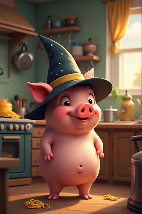 A pig with a witch&#39;s hat, that spaghetti is cooking in the kitchen.