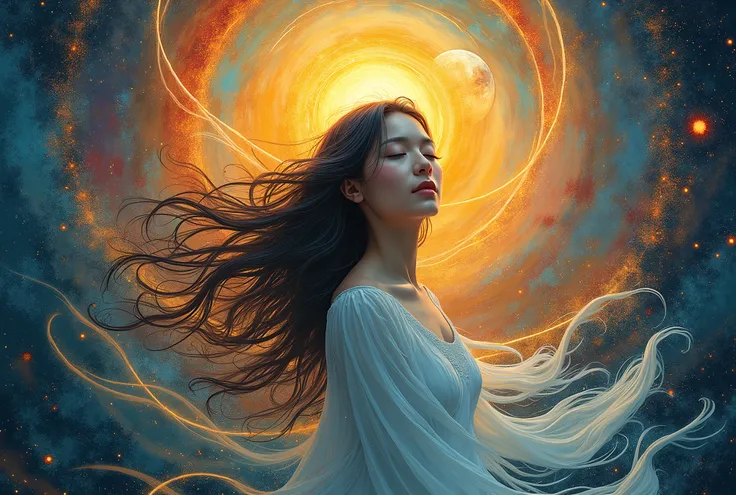 Abstract view, Sun and moon , beautifull woman with long hair, background mandala and good energy  flow in your body 