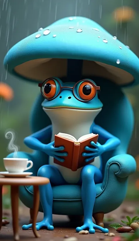 A sky blue frog wearing glasses, holding a book, sitting on a chair, with a table in front of him, with a cup of coffee on it, under a large sky blue  mushroom protecting him from the rain.