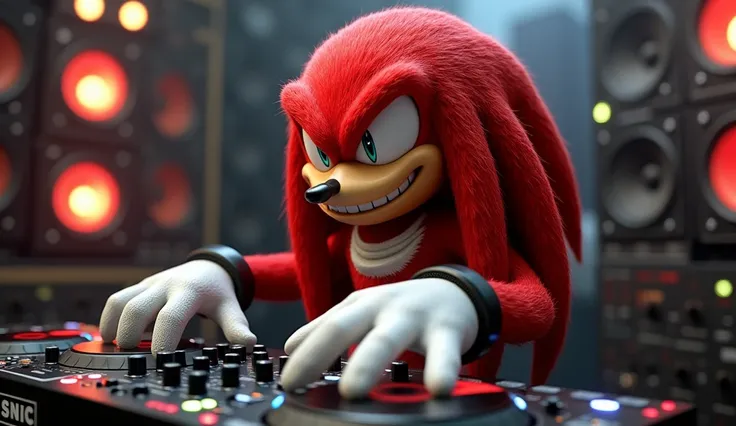 Realistic style, Master Parts, Best Quality, 8K, art stations, foco nítido, Ultra-realistic, high details, knuckles (from sonic game) playing dj