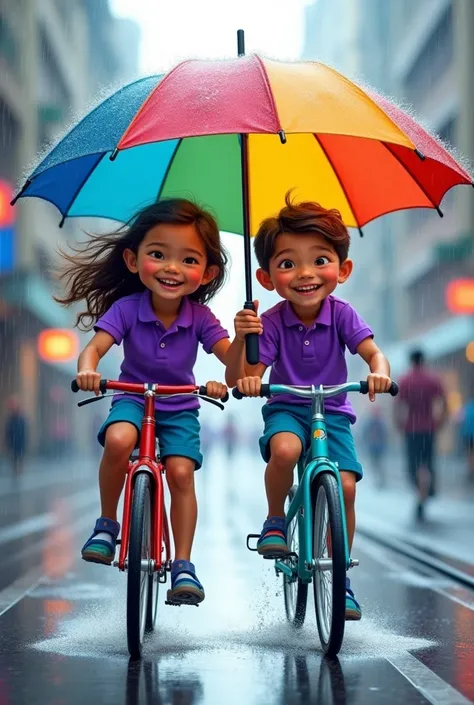 A purple coloured shirt boy and girl with having Cycles under an umbrella during rain 