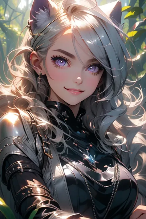 Perfect face. Perfect hands. A young silver haired woman with violet eyes and an hourglass figure with silver cat ears and a silver cat tail in a paw print covered dress is smiling in a forest next to a beast.
