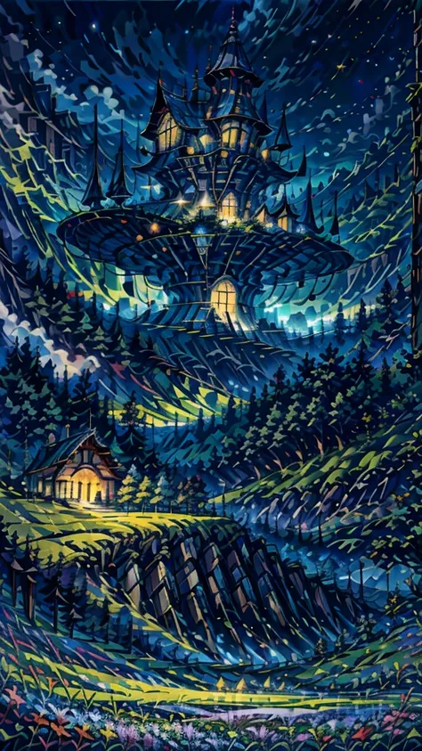 house in field. night full of stars, intricate details