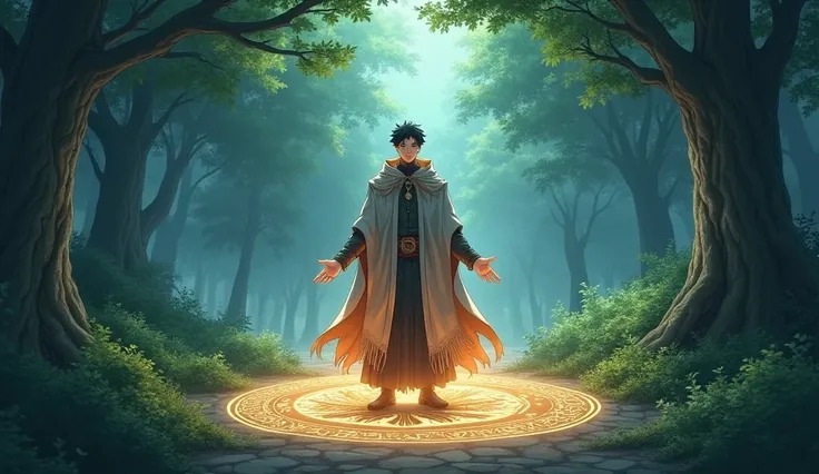 1 guy, anime, magic circle, hands use magic, the forest, magic cloak, looks at the viewer