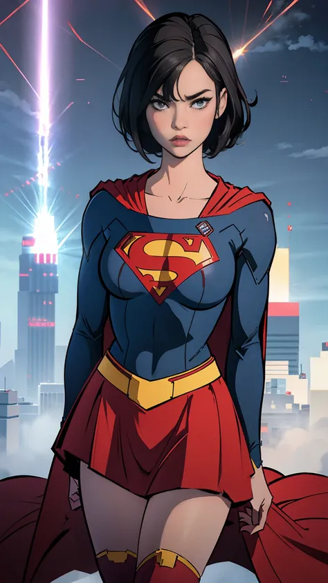 on top of tokyo tower、Supergirl、A super suit that is mainly white with red attachments and a cape、Short black hair with a center part、Perfect Style、Looking down from above、masterpiece、