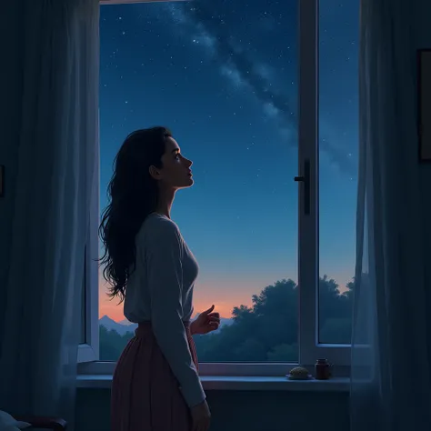 Aisha at home, looking out at the night sky, cherishing the experience, with a newfound appreciation for the beauty of nature and the simple joys of life."
