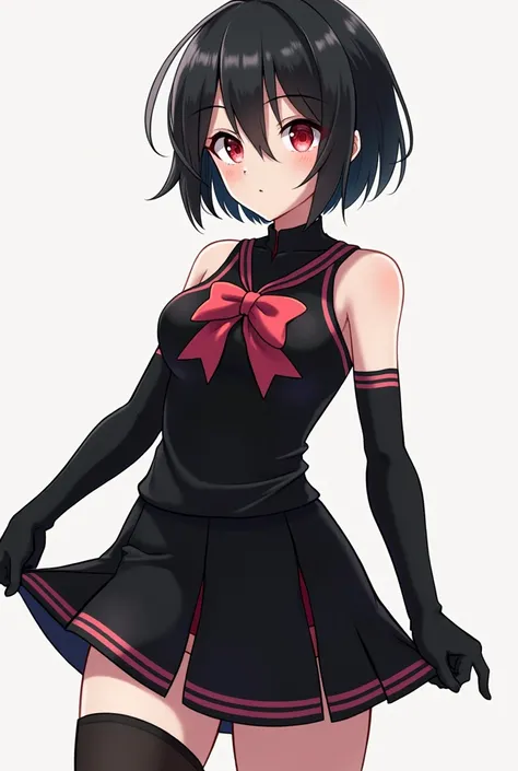 1boy absolute territory back view bangs big ass black clothing black hair black skirt bow bulge cheerleader cheerleader uniform clothed clothing crossdressing elbow gloves emotionless expressionless femboy fully clothed gloves male male only red eyes short...