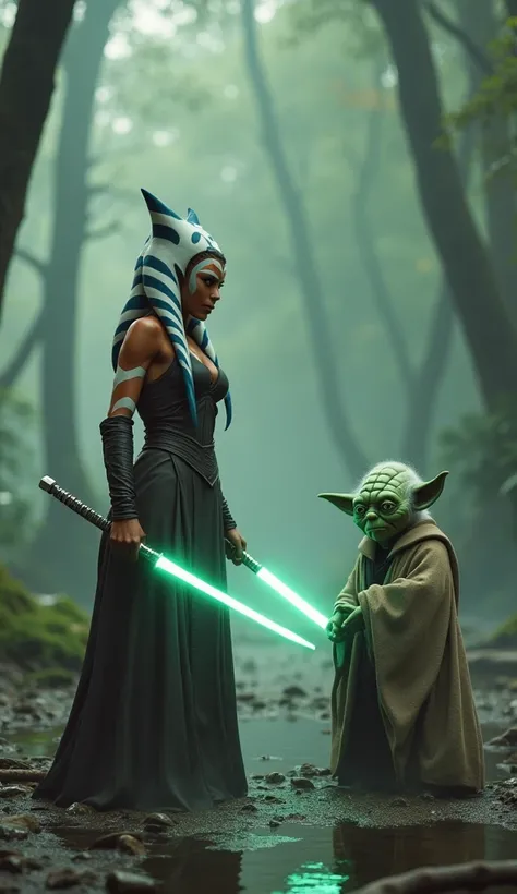 Ahsoka Tano, an adult Jedi Knight in training, stands facing the viewer with a white lightsaber alongside her diminutive Master Yoda, who holds a green lightsaber. Yoda is significantly smaller than Ahsoka, even smaller than a human child, emphasizing his ...