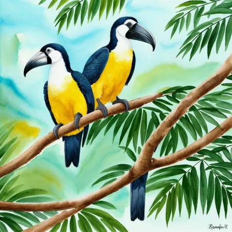 crie uma imagem, aquarela, background solid color, de um Tucano-toco - Ramphastos toco, 