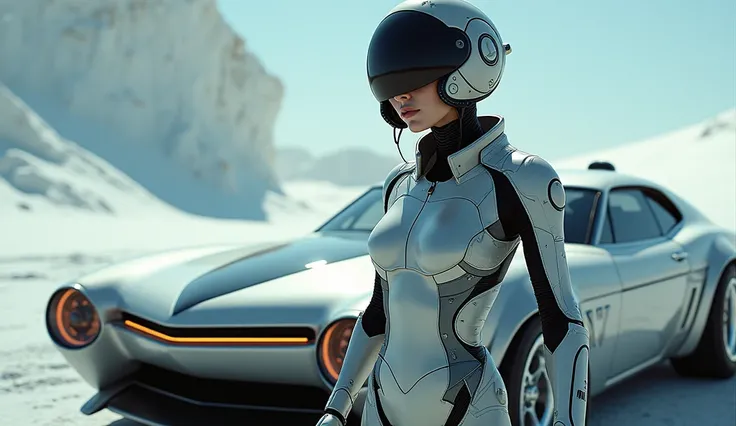 A woman wearing a helmet and uniform standing next to a car, motoko kusanagi, As a retro-future heroine, As a retro-future heroine, Cool Cyborg movie stills, Aeon Flux-esque, A woman in futuristic clothing, Park Shin Hye plays a super villain, Japanese Cyb...