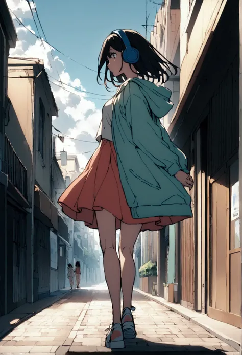 a girl with short black hair wearing headphones walking down the street、side view of the street、a side view of the girl position...