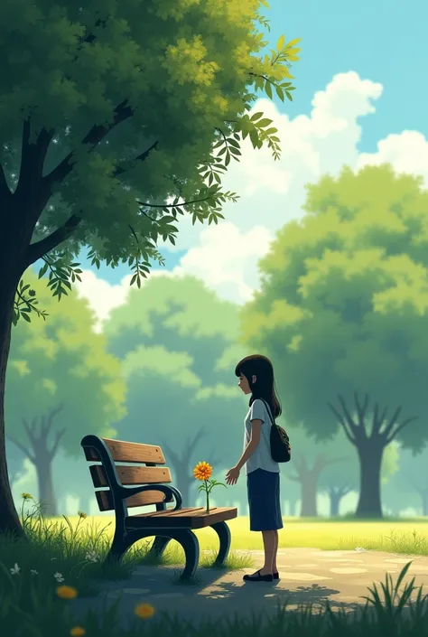 A figure placing a small flower on an empty park bench, a quiet act of kindness. The scene is calm, with trees in the background and soft sunlight breaking through the clouds.