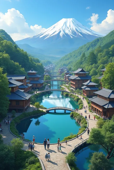 A panoramic view of Oshino Hakkai’s largest spring, showing the entire village with Mount Fuji towering in the background. The traditional houses, bridges, and pathways wind around the pristine water, while tourists enjoy the calm and picturesque 