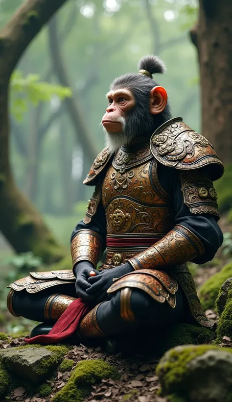 Monkey king , armor plate, full armor, highly detailed, realistic, meditation positition, in forest, grab stick