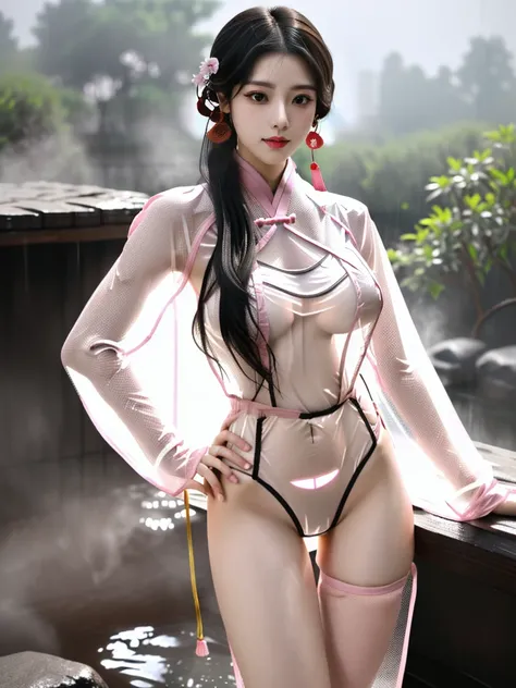 一个有着美丽脸庞的Sexy中国华裔女孩, Wearing avant-garde transparent fabric Hanfu, (((Light theme, Expose the subject, Sexy主题)))
(((Heavy rain, Uninhabited deep forest, Underground hot spring, Lush huge plants))),
((8K Ultra HD, 8K, Ultra-high resolution, Best quality, Su...