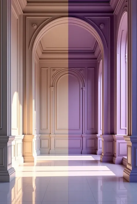 Can you show me a hall with one side wall in purple color and the other walls in light 
 beige color?