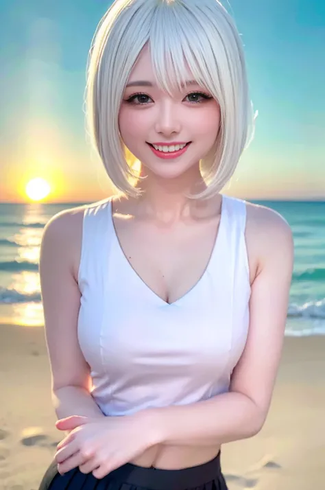 RAW PHOTO, Alone, alone, Elegant mature woman, Pure white hair, medium hair, bangs, (office suite:1.2), Black tight skirt,blouse, Soft Light, high quality, 4K resolution, (alone on the beach:1.3), (summer sunset:1.2), smile, (upper body), active posing:1.1...