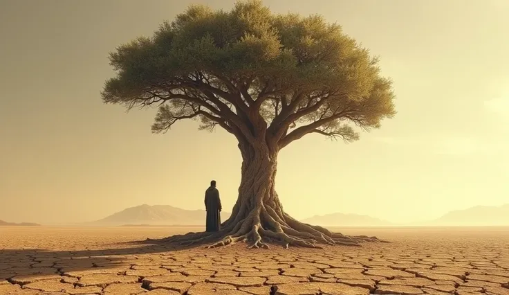 "A towering tree standing alone in a dry field, its roots deep and firm despite the arid environment. Habakkuk stands next to the tree, symbolizing strong faith in difficult times. ar 16:9"
