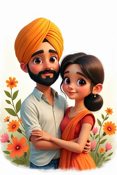 Sardar couple cute teenage , animated , white background and flowers behind them , proper sikh with turban only boy wearing it and beard, painting , head hairs not visible only turban