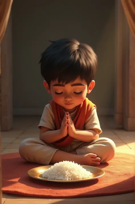 A boy,sitting on floor, rice with panner in the plate on floor,praying to god