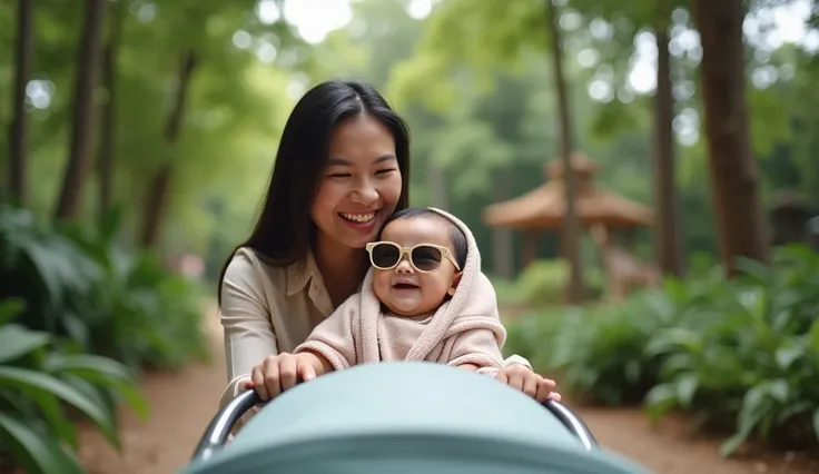 Photo of a Thai person, a 5-month-old baby, smiling, wearing sunglasses, in a baby stroller, being carried by his mother to the zoo.