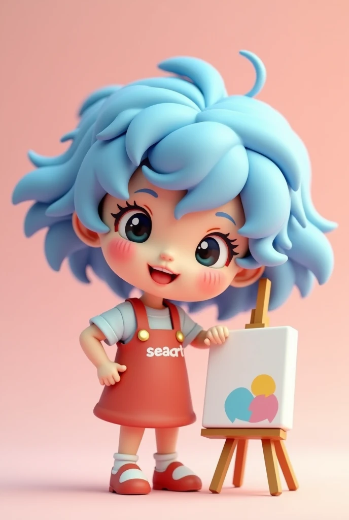 figure, anime, mascot, Standing, Girl painting on canvas, Chibi Character, Light blue hair, Short Hair, Curly Hair, ((SeaArt logo on clothing))、
Task in progress 33% 
