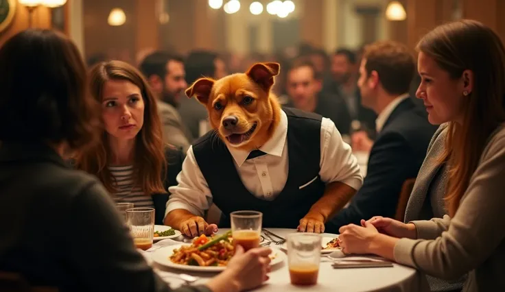 realistic photo Laughter was heard throughout the room, the restaurant was quiet and crowded. Pelanggan tidak lagi peduli soal makanan, they were busy playing with an orange dog in a restaurant waiter costume.