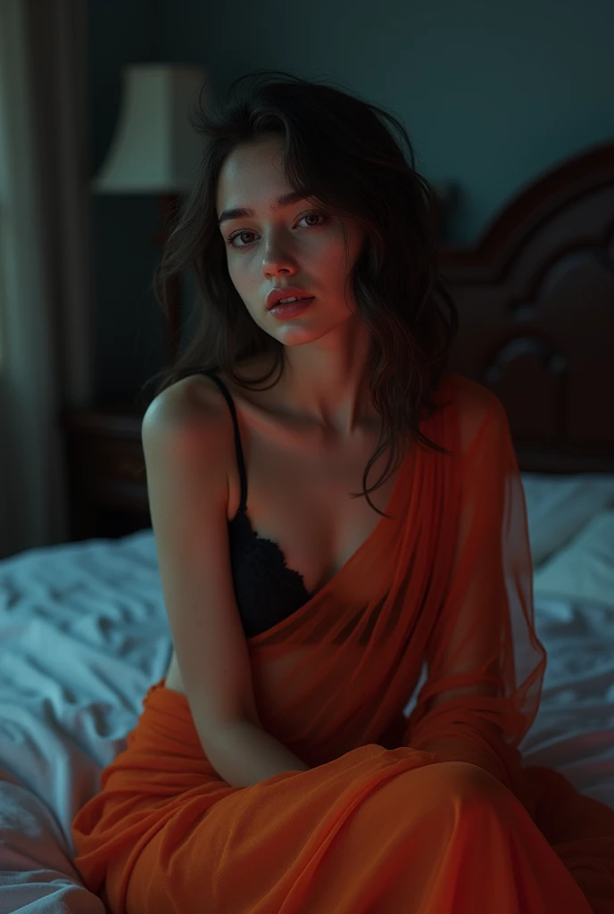 a beautiful girl, 20YO, in a dark bedroom, wearing a transparent saree vibrant bra, sitting on a bed, (best quality, 128k, high-res, masterpiece:1.2), ultra-detailed, (realistic, photorealistic, photo-realistic:1.37), raw photo, in the dark, deep shadow, l...