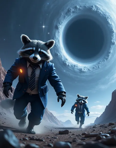 A large spaceship flies through beautiful space straight into a black hole. A tall grey raccoon in a blue suit and tie flies after them with a jetpack on his back..