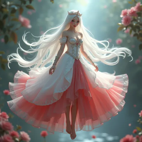 ((extremely detailed unity 8k cg wallpaper)), work of art, ultra-detailed, floating, high resolution, sexually suggestive, (small, absurdly long white hair, princess, White Mage, blue eyes, (white and red sheer maxi dress with long layers and flared sleeve...