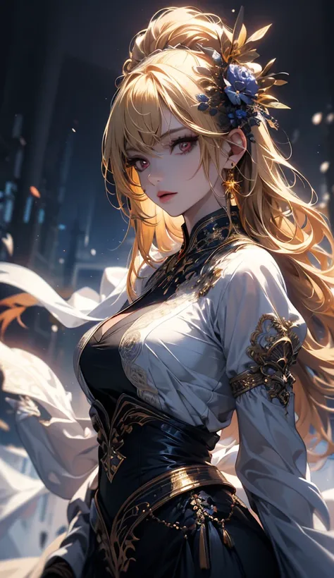 masterpiece, high quality, 4K, Beautiful design, silhouette，blonde， Incredibly detailed starry skies, Delicate details,  Knowledgeable woman, Highly detailed solo female,Red eyes，Big Breasts，Tight dress，