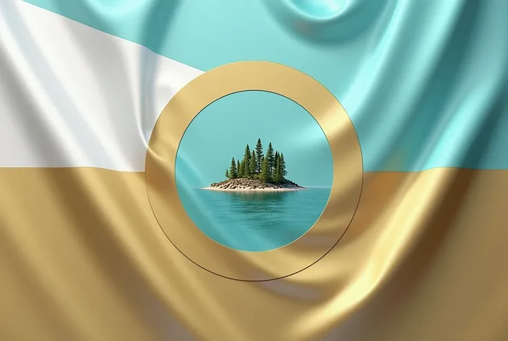 simple flag with aquamarine, gold and white. pattern is like the flag of Czech Republic but has a circle in the intersection part. the circle contains an island-like design 