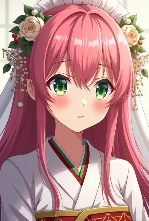 A young woman, traditional Japanese wedding dress,Long Hair, Pink hair, green eyes, Hair Between Eyes, Makeup, Sad, Scared, Nervous, Shy, Confused, Worried, Anime Style, 