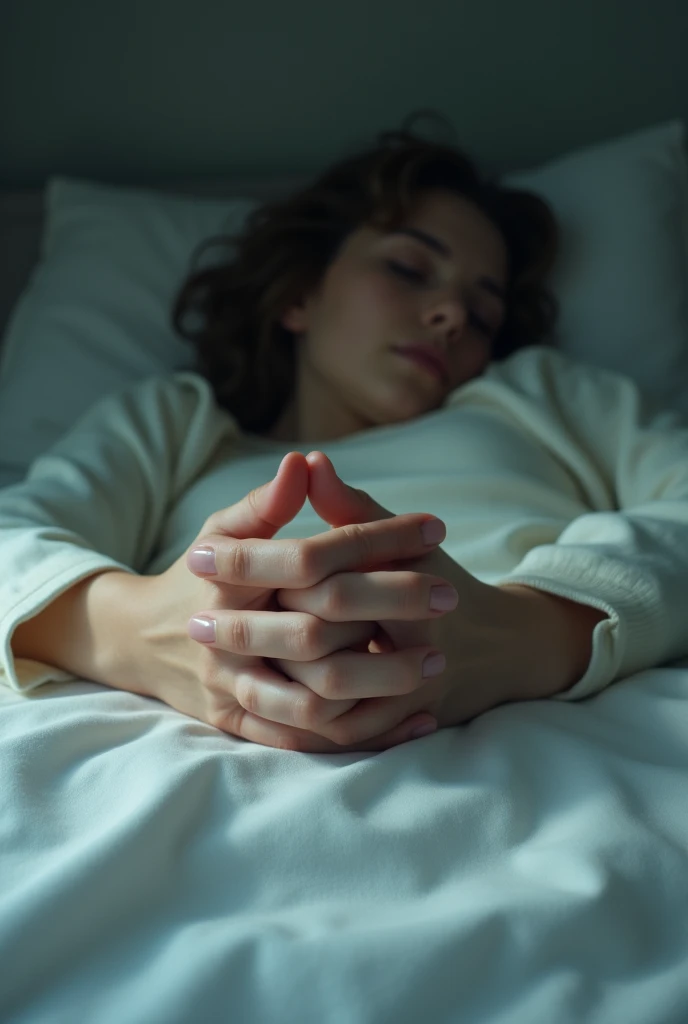 Looking down at the bed, only the hands of the person lying down are visible