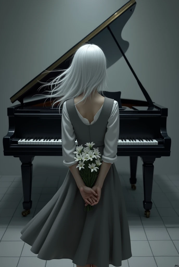 A girl from behind、I can&#39;t see your face、Hair color is silver、Holding a bouquet of lilies behind her back、A black grand piano on a dark grey background、326 Wind