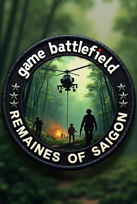 I need a rubber patch for Airsoft game, in circular size of 8cm by 8cm, with curved writing at the top "Game Battlefield" and writing in Portuguese " Remains of Saigon " Na parte inferior, baseado no game Battlefield, with eucalyptus background, using heli...