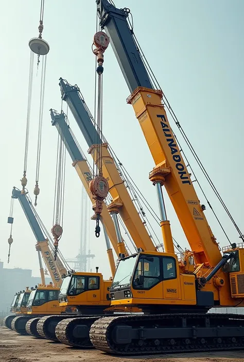 Create a photo aesthetic with mobile crane hydra crane recovery crane farana standing together 
