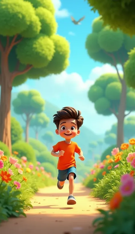 : Short, fast-paced clips of the person a boy  jogging in a park, 

3d animation cartoon