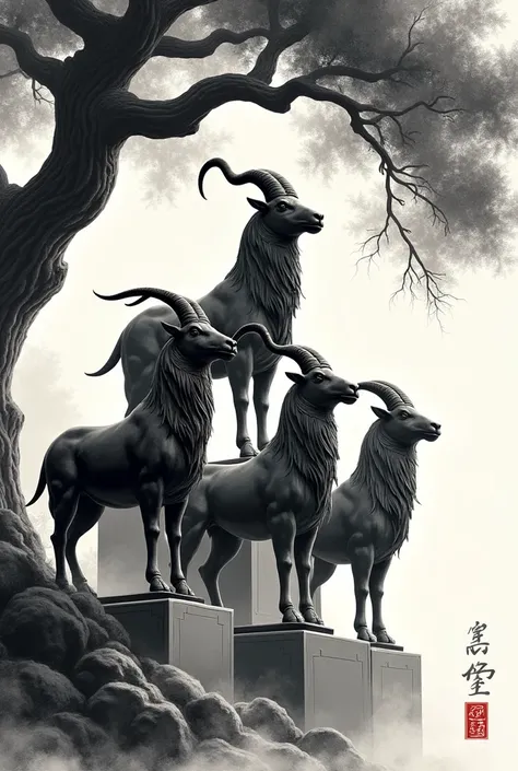 Guangzhou Five Goats Statue，Kapok，Ink Style